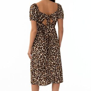 As U Wish Leopard Print Ruched Short Sleeve Midi Dress Brown Black L